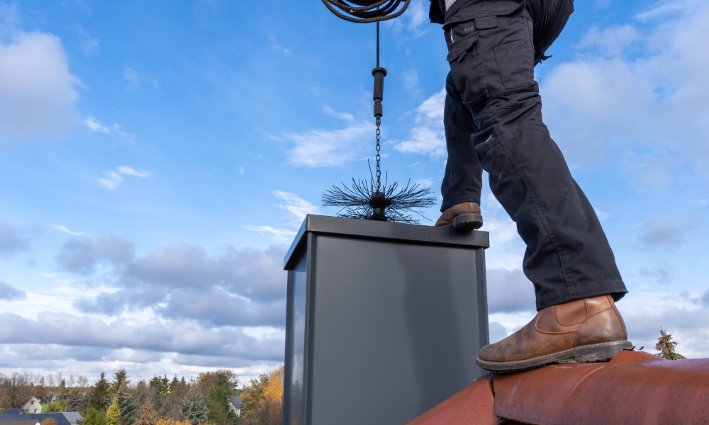 close up of chimney sweep tool going down chimney